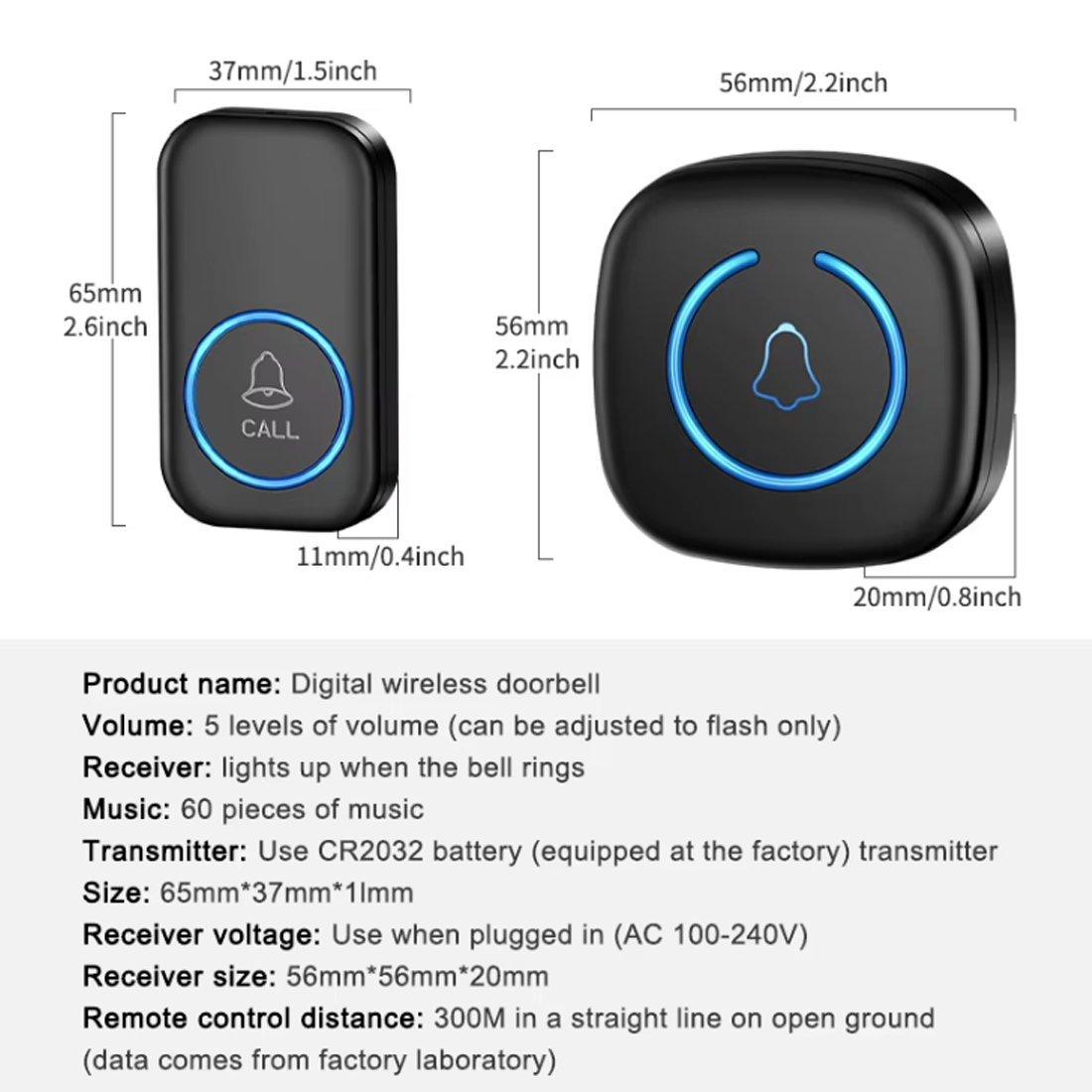 Wireless Smart Doorbell with 300M Range and 60 Melodies